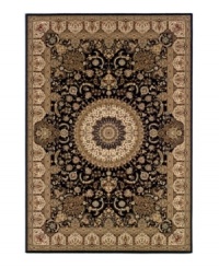 Centuries of sophistication have gone into the design of this exquisite rug, based on traditional Persian designs hundreds of years in the making. An intricate curvilinear pattern features a breathtaking center medallion surrounded by lattices of vines and blossoms set in a deep, rich palette. Meticulously styled, the use of ultra-fine yarn allows for superb detail, crisp design and a soft hand. One-year limited warranty. Centuries of sophistication have gone into the design of this exquisite rug, based on traditional Persian designs hundreds of years in the making. An intricate curvilinear pattern features a breathtaking center medallion surrounded by lattices of vines and blossoms set in a deep, rich palette. Meticulously styled, the use of ultra-fine yarn allows for superb detail, crisp design and a soft hand. One-year limited warranty.