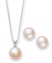 Pretty in pink. Matching pink cultured freshwater pearls (9-9-1/2 mm) adorn this traditional pendant and stud earrings set. Crafted in sterling silver. Approximate necklace length: 18 inches. Approximate pendant drop: 1/3 inch. Approximate stud diameter: 1/3 inch. Pretty in pink. Matching pink cultured freshwater pearls (9-9-1/2 mm) adorn this traditional pendant and stud earrings set. Crafted in sterling silver. Approximate necklace length: 18 inches. Approximate pendant drop: 1/3 inch. Approximate stud diameter: 1/3 inch.