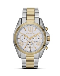 Tap this season's duo tone watch trend with this stainless steel bracelet from MICHAEL Michael Kors. It's chronograph movement is ever-practical while roman numeral indexes give this piece a distinctive stamp. Tap this season's duo tone watch trend with this stainless steel bracelet from MICHAEL Michael Kors. It's chronograph movement is ever-practical while roman numeral indexes give this piece a distinctive stamp.