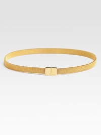 A radiant, metal design with a modern, square, signature buckle. Width, about ¾Made in Italy A radiant, metal design with a modern, square, signature buckle. Width, about ¾Made in Italy