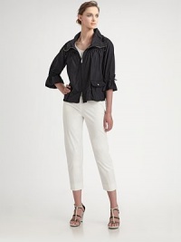 Sporty and chic, in a delicate pindot pattern.Zip frontDrawstring collarGathers at yokeFlap patch pockets with snap closuresThree-quarter sleeves with gathered, flared cuffsSignature metal back detailAbout 21 from shoulder to hemPolyesterDry cleanMade in Italy of imported fabricModel shown is 5'10 (177cm) wearing US size 4. Sporty and chic, in a delicate pindot pattern.Zip frontDrawstring collarGathers at yokeFlap patch pockets with snap closuresThree-quarter sleeves with gathered, flared cuffsSignature metal back detailAbout 21 from shoulder to hemPolyesterDry cleanMade in Italy of imported fabricModel shown is 5'10 (177cm) wearing US size 4.