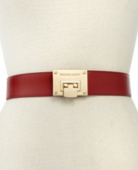 It's a cinch to look chic with this posh leather belt from MICHAEL Michael Kors that features a luxe golden flip lock with signature-embossed plaque. It's certain to make a style statement. It's a cinch to look chic with this posh leather belt from MICHAEL Michael Kors that features a luxe golden flip lock with signature-embossed plaque. It's certain to make a style statement.