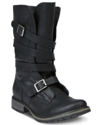 Buckles add a sense of adventure to Madden Girl's Rascal boots. This pull-on style features straps all around the vamp and a sturdy heel. Buckles add a sense of adventure to Madden Girl's Rascal boots. This pull-on style features straps all around the vamp and a sturdy heel.