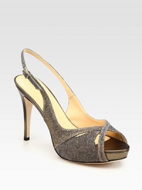 Sparkling and supremely comfortable, this metallic fabric silhouette has an adjustable slingback strap and metallic leather trim. Metallic leather heel, 4 (100mm)Covered platform, 1 (25mm)Compares to a 3 heel (75mm)Metallic fabric and metallic leather upperLeather lining and solePadded insoleMade in ItalyOUR FIT MODEL RECOMMENDS ordering true size. Sparkling and supremely comfortable, this metallic fabric silhouette has an adjustable slingback strap and metallic leather trim. Metallic leather heel, 4 (100mm)Covered platform, 1 (25mm)Compares to a 3 heel (75mm)Metallic fabric and metallic leather upperLeather lining and solePadded insoleMade in ItalyOUR FIT MODEL RECOMMENDS ordering true size.