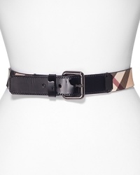 Cinch your waist with Burberry's classic check, trimmed in shiny patent leather. Cinch your waist with Burberry's classic check, trimmed in shiny patent leather.