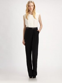 This silky bi-color style gives the clever illusion of perfectly paired separates.Jewel necklineSleevelessFront hook-and-eye closuresLeather belt with back closureBack welt pocketsFully linedAbout 69 longInseam, about 35SilkDry cleanImportedModel shown is 5'10 (177cm) wearing US size 4. This silky bi-color style gives the clever illusion of perfectly paired separates.Jewel necklineSleevelessFront hook-and-eye closuresLeather belt with back closureBack welt pocketsFully linedAbout 69 longInseam, about 35SilkDry cleanImportedModel shown is 5'10 (177cm) wearing US size 4.