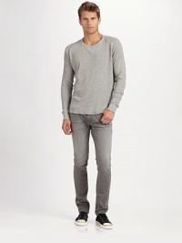 A slightly-slim version of the classic straight-leg fit, cut from premium Japanese denim with hand-applied distressed detail at the points of wear. Five-pocket style Leather logo patch on back waist Inseam, about 34 Cotton/spandex Machine wash Made in USA A slightly-slim version of the classic straight-leg fit, cut from premium Japanese denim with hand-applied distressed detail at the points of wear. Five-pocket style Leather logo patch on back waist Inseam, about 34 Cotton/spandex Machine wash Made in USA