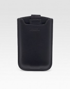 A sleek and compact case in textured leather, specially designed for all iPhones. Soft leather lining securely hold your phone in place. Fits all iPhone models Leather 3.1W X 4.9H Made in Switzerland 