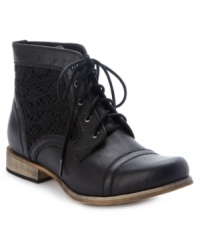 Take on the world in XOXO's Brave booties. Crocheted detailing on the sides provides interesting texture and contrast to this structured look. Take on the world in XOXO's Brave booties. Crocheted detailing on the sides provides interesting texture and contrast to this structured look.