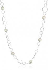 Majorica 14mm White Baroque Pearls on Sterling Silver Hammered Oval Link Necklace