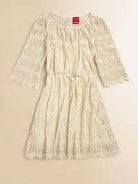 A romantic nod to bygone eras in allover vintage-style lace with an exquisite scalloped hem.Jewel necklineThree-quarter sleevesBack keyhole with button closureGathered waistA-line skirtChemise underlay96% rayon/4% spandexMachine washImported A romantic nod to bygone eras in allover vintage-style lace with an exquisite scalloped hem.Jewel necklineThree-quarter sleevesBack keyhole with button closureGathered waistA-line skirtChemise underlay96% rayon/4% spandexMachine washImported