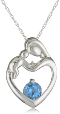 XPY 10k White Gold Blue Topaz Diamond-Accent Mother's Jewel Heart Pendant Necklace, 18