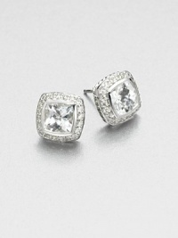From the Petite Albion Collection. Beautifully faceted square white topaz surrounded in dazzling diamond set in sterling silver. White topazDiamonds, .4 tcwSterling silverSize, about .25Post backImported From the Petite Albion Collection. Beautifully faceted square white topaz surrounded in dazzling diamond set in sterling silver. White topazDiamonds, .4 tcwSterling silverSize, about .25Post backImported