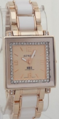 Geneva Quartz Chronograph Look Rose Gold White ceramic-style With Rhinestones Geneva Quartz Chronograph Look Rose Gold White ceramic-style With Rhinestones