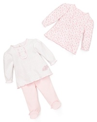 With two top options and one pant, this versatile set offers up loads of mix and match style in ruffles and floral flourishes. With two top options and one pant, this versatile set offers up loads of mix and match style in ruffles and floral flourishes.