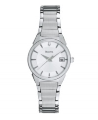 Opt for a classic that will garner compliments for a lifetime. Watch by Bulova crafted of stainless steel bracelet and round case. Silver tone dial features stick indices, date window at three o'clock, three hands and logo. Quartz movement. Water resistant to 30 meters. Three-year limited warranty. Opt for a classic that will garner compliments for a lifetime. Watch by Bulova crafted of stainless steel bracelet and round case. Silver tone dial features stick indices, date window at three o'clock, three hands and logo. Quartz movement. Water resistant to 30 meters. Three-year limited warranty.
