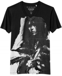 Live fast and free. Surreal design on the front of this Guess v-neck t-shirt gives your look a sublime style. Live fast and free. Surreal design on the front of this Guess v-neck t-shirt gives your look a sublime style.