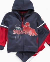 A warm-up suit from Marvel Kids that makes your superhero look utterly amazing: Zip up hoodie with Spiderman graphic and layered-look sleeves plus pull-on pants with elastic waist. A warm-up suit from Marvel Kids that makes your superhero look utterly amazing: Zip up hoodie with Spiderman graphic and layered-look sleeves plus pull-on pants with elastic waist.