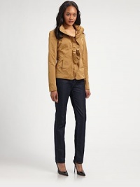 It's all about simple sophistication and this cropped jacket offers that and then some, thanks to pretty ruffle details and flat front.Ruffle stand collarLong sleevesSlash pocketsConcealed front zipperPrincess seamsAbout 22 from shoulder to hemPolyesterMachine washImported of Italian fabric Model shown is 5'10 (177cm) wearing US size 4. It's all about simple sophistication and this cropped jacket offers that and then some, thanks to pretty ruffle details and flat front.Ruffle stand collarLong sleevesSlash pocketsConcealed front zipperPrincess seamsAbout 22 from shoulder to hemPolyesterMachine washImported of Italian fabric Model shown is 5'10 (177cm) wearing US size 4.