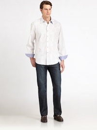 Embroidered pixel pattern infuses elegant appeal to this woven jacquard style, with contrast trim on the cuffs.Point collar Button front Long sleeves with button cuffsCottonDry cleanImported Embroidered pixel pattern infuses elegant appeal to this woven jacquard style, with contrast trim on the cuffs.Point collar Button front Long sleeves with button cuffsCottonDry cleanImported