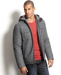 This stylish Sean John jacket pairs the comfort of your favorite hoodie with the warmth of a winter coat.