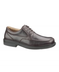 A real workhorse of an oxford, this sturdy pair of leather men's dress shoes is treated to be completely waterproof and to resist separation between the outsole upper sections. Features a strike-back and a high density energy-return gel pad precisely placed at the heel point of impact. Imported. A real workhorse of an oxford, this sturdy pair of leather men's dress shoes is treated to be completely waterproof and to resist separation between the outsole upper sections. Features a strike-back and a high density energy-return gel pad precisely placed at the heel point of impact. Imported.