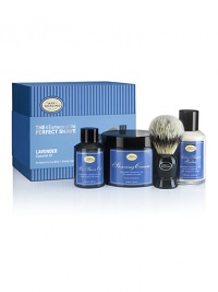 The starter kit offers a 2 oz. Pre-Shave Oil, 5 oz. Shaving Cream, a pure badger Shave brush, and 3.4 oz. After Shave Balm. All products are formulated with natural ingredients and aromatherapy based. The starter kit offers a 2 oz. Pre-Shave Oil, 5 oz. Shaving Cream, a pure badger Shave brush, and 3.4 oz. After Shave Balm. All products are formulated with natural ingredients and aromatherapy based.