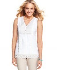 It's all in the breezy details with this Charter Club top. A pleated bib and goldtone buttons are accentuated by lovely lace appliques for a crisp look this summer. It's all in the breezy details with this Charter Club top. A pleated bib and goldtone buttons are accentuated by lovely lace appliques for a crisp look this summer.
