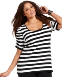 Look stunning in stripes with INC's short sleeve plus size top-- team it with your go-to casual bottoms! Look stunning in stripes with INC's short sleeve plus size top-- team it with your go-to casual bottoms!