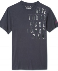 Leave your mark with this Here Today Gone Tomorrow crew neck short sleeve t-shirt by Guess Jeans. Leave your mark with this Here Today Gone Tomorrow crew neck short sleeve t-shirt by Guess Jeans.
