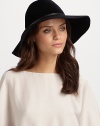 Asymmetric wide brim hat with leather and metallic O'Ring trim.Adjustable inner band One size fits most Brim, about 4 Rabbit hair Imported Please note: Sold with brush to maintain pile. 