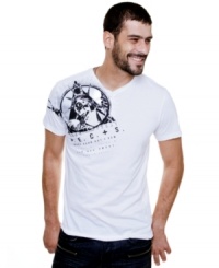 This graphic tee by Marc Ecko Cut & Sew has an edgy, cool style. This graphic tee by Marc Ecko Cut & Sew has an edgy, cool style.
