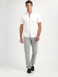 Ticking-striped ribbon trims this short-sleeve cotton button-down.Point collarShort sleevesButton-down placketShirttail hemCottonMachine washImported Ticking-striped ribbon trims this short-sleeve cotton button-down.Point collarShort sleevesButton-down placketShirttail hemCottonMachine washImported