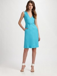 The belted V-neck sheath updated in vibrant, featherweight viscose for a contemporary updated on a classic silhouette.V necklineSleevelessBodice dartsBuckled self-beltCenter back zipperAbout 26 from natural waistViscoseDry cleanImportedModel shown is 5'10 (177cm) wearing US size 4.OUR FIT MODEL RECOMMENDS ordering true size. The belted V-neck sheath updated in vibrant, featherweight viscose for a contemporary updated on a classic silhouette.V necklineSleevelessBodice dartsBuckled self-beltCenter back zipperAbout 26 from natural waistViscoseDry cleanImportedModel shown is 5'10 (177cm) wearing US size 4.OUR FIT MODEL RECOMMENDS ordering true size.