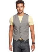 Some vests look like they were just made to be worn with jeans. This one really was. Three-pocket plaid vest with button front from Marc Ecko Cut & Sew. (Clearance)