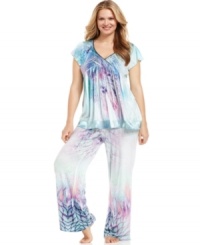 Colorful and cool. One World's flutter sleeve top features darling satin patches around the shoulders and scallop trim along the neck. The elastic waistband on the full-length pants keeps things comfy. Colorful and cool. One World's flutter sleeve top features darling satin patches around the shoulders and scallop trim along the neck. The elastic waistband on the full-length pants keeps things comfy.