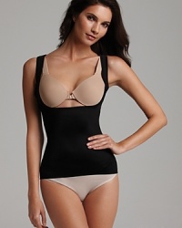 An open bust torsette with hidden control panels to slim, shape and smooth. An open bust torsette with hidden control panels to slim, shape and smooth.