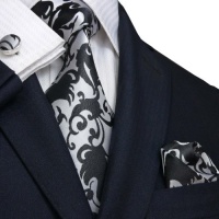 Landisun 91F Black Silver Paisleys Mens Silk Tie Set: Tie+Hanky+Cufflinks Landisun 91F Black Silver Paisleys Mens Silk Tie Set: Tie+Hanky+Cufflinks