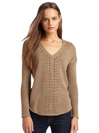 THE LOOKV-neckLong sleevesPullover styleHi-lo hemHem high in back, low in frontStudded detailTHE FITAbout 28 from shoulder to hemTHE MATERIALAcrylic/Wool/Alpaca/MohairCARE & ORIGINDry cleanImportedModel shown is 5'11 (177cm) wearing US size Small. THE LOOKV-neckLong sleevesPullover styleHi-lo hemHem high in back, low in frontStudded detailTHE FITAbout 28 from shoulder to hemTHE MATERIALAcrylic/Wool/Alpaca/MohairCARE & ORIGINDry cleanImportedModel shown is 5'11 (177cm) wearing US size Small.