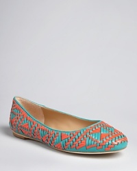 Woven color adds dynamic interest to a streamlined ballet flat silhouette by designer Rebecca Minkoff. Woven color adds dynamic interest to a streamlined ballet flat silhouette by designer Rebecca Minkoff.
