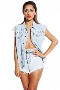 G2 Chic Women's Ripped Studded Boyfriend Denim Jean Vest G2 Chic Women's Ripped Studded Boyfriend Denim Jean Vest