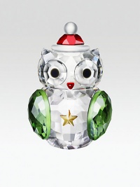 Big eyes, colorful wings, a holiday cap and lots of sparkle define this endearing rocking owl in faceted crystal.CrystalAbout 1.5H X 1WMade in Austria Big eyes, colorful wings, a holiday cap and lots of sparkle define this endearing rocking owl in faceted crystal.CrystalAbout 1.5H X 1WMade in Austria