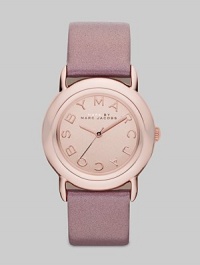 Smart and chic style with leather strap. Quartz movement Water resistant to 5 ATM Round ion-plated rose gold stainless steel case, 33mm (1.3) Rose gold mirror logo dial Second hand Metallic blush leather strap, 18mm wide (0.7) Imported 