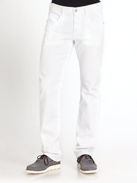 A versatile look that deserves a place in every man's wardrobe, thanks to a white wash that dresses up or down and offers a distinct alternative to darker looks. Five-pocket style Button fly Inseam, about 34 98% cotton/2% spandex Machine wash Made in USA A versatile look that deserves a place in every man's wardrobe, thanks to a white wash that dresses up or down and offers a distinct alternative to darker looks. Five-pocket style Button fly Inseam, about 34 98% cotton/2% spandex Machine wash Made in USA