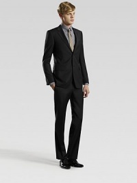 An elegant design tailored in superior wool. Dry Clean. Made in Italy.JACKETTwo-button frontNotched lapelSingle ventFront flap pocketsPANTFlat frontInseam, about 30 An elegant design tailored in superior wool. Dry Clean. Made in Italy.JACKETTwo-button frontNotched lapelSingle ventFront flap pocketsPANTFlat frontInseam, about 30
