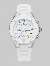 A crisp clean white dial is dotted with colorful hour markers for a distinctive timepiece.Swiss quartz movement Water resistant to 5 ATM Logo bezel Round stainless steel case, 40mm, (1.49) K1 mineral crystal White chronograph dial Numeral hour markers Second hand Silicone strap Imported 