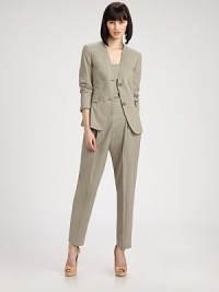 A clean neckline lends a modern twist to this classic cotton blazer silhouette.CollarlessV necklineButton closuresFront dartsFlap pocketsFully linedAbout 23 from shoulder to hem98% cotton/2% elastaneDry cleanImported of Swiss fabricModel shown is 5'9 (175cm) wearing US size 4. A clean neckline lends a modern twist to this classic cotton blazer silhouette.CollarlessV necklineButton closuresFront dartsFlap pocketsFully linedAbout 23 from shoulder to hem98% cotton/2% elastaneDry cleanImported of Swiss fabricModel shown is 5'9 (175cm) wearing US size 4.