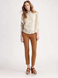 Lightweight woven linen, cropped above the ankles in a slim, classic fit.Tab-front waistZip-flyFlat frontSlash pocketsBack welt pocketRise, about 7Inseam, about 2765% linen/33% viscose/2% elastaneDry cleanImportedModel shown is 5'11 (180cm) wearing US size 4. Lightweight woven linen, cropped above the ankles in a slim, classic fit.Tab-front waistZip-flyFlat frontSlash pocketsBack welt pocketRise, about 7Inseam, about 2765% linen/33% viscose/2% elastaneDry cleanImportedModel shown is 5'11 (180cm) wearing US size 4.