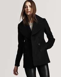 Burberry London's double-breasted coat exudes an everyday, urbane feel with a short length and oversized lapel.