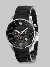 A timeless look with a modern touch, designed in solid stainless steel with three-eye chronograph functionality and a silicon-wrapped bracelet Quartz movement Water-resistant to 5ATM/50m Stainless steel case, 43mm, 1.69 Silicon bracelet, 23mm wide, .91 Black dial Date display Imported 